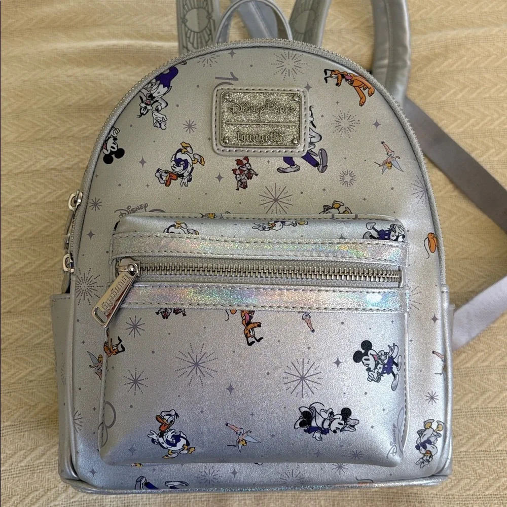 Disney Loungefly 100th Mickey Anniversary Silver Backpack with Character Design
